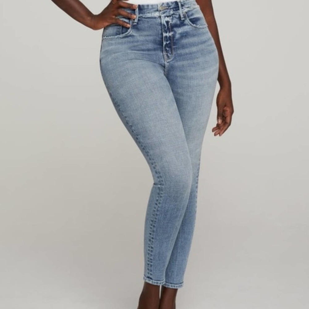 Good American Good Waist Extreme Deep V Distressed Jeans Light Wash Size 0/25